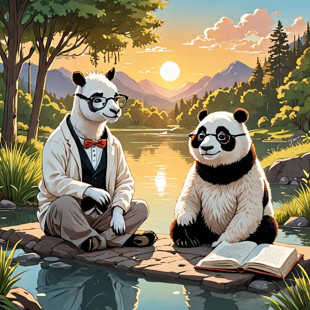 two panda bears sitting on a rock next to a river and a book in their hands, with the sun setting behind them, academic art, a storybook illustration, Chris LaBrooy, storybook illustration
