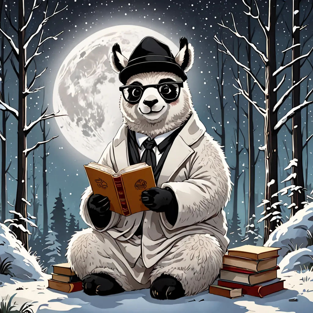 a panda bear dressed in a suit and hat reading a book in the snow with a full moon behind it, rayonism, a storybook illustration, Dan Mumford, storybook illustration
