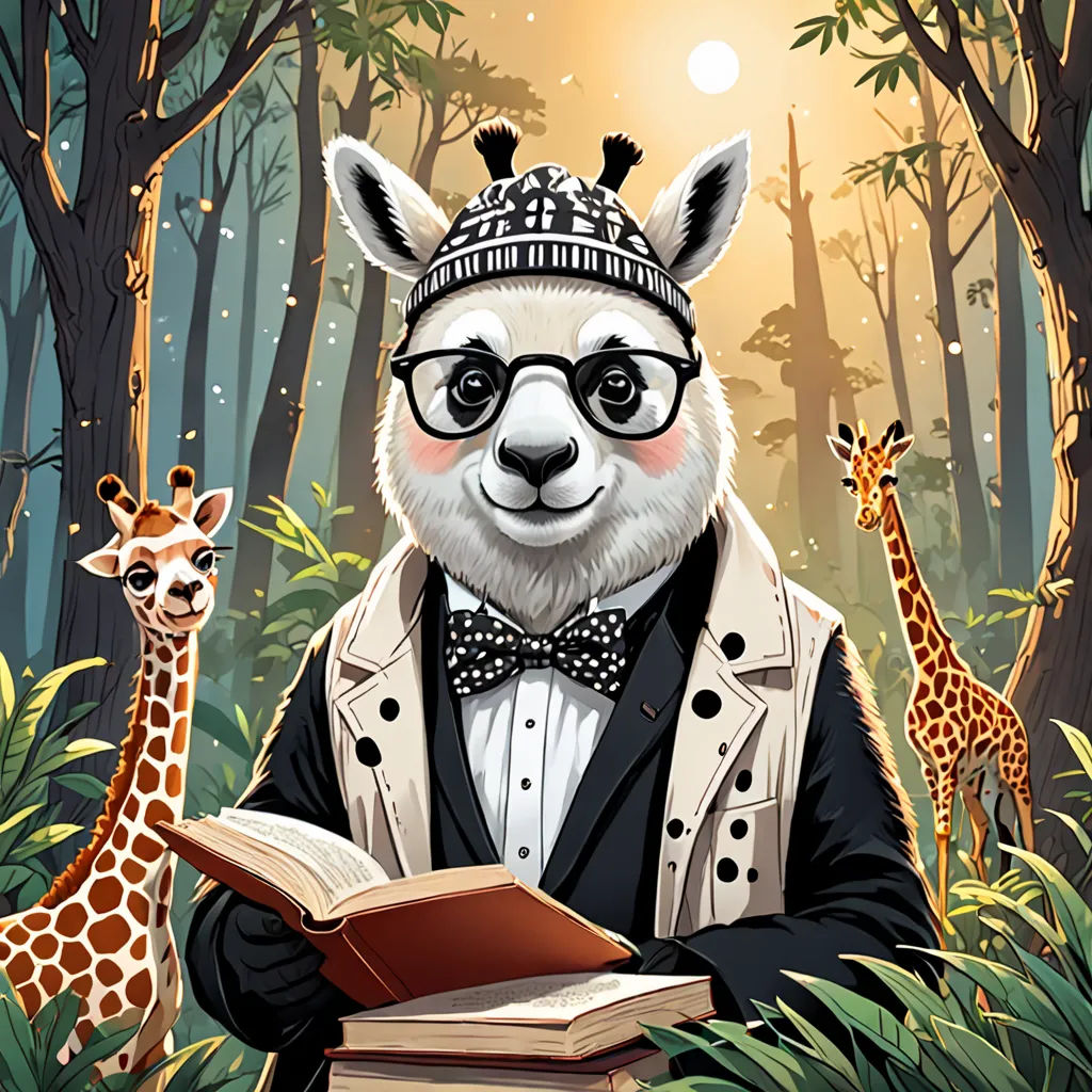 a panda bear wearing a hat and glasses reading a book in the woods with a giraffe in the background, rayonism, a storybook illustration, Chris LaBrooy, character portrait