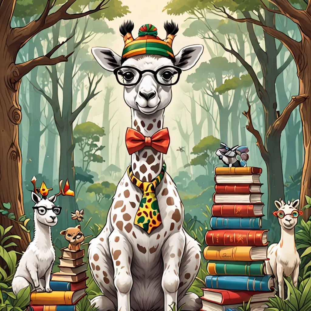 a giraffe wearing a hat and glasses sitting on a pile of books in the woods with other animals, pop surrealism, a storybook illustration, Chris LaBrooy, storybook illustration