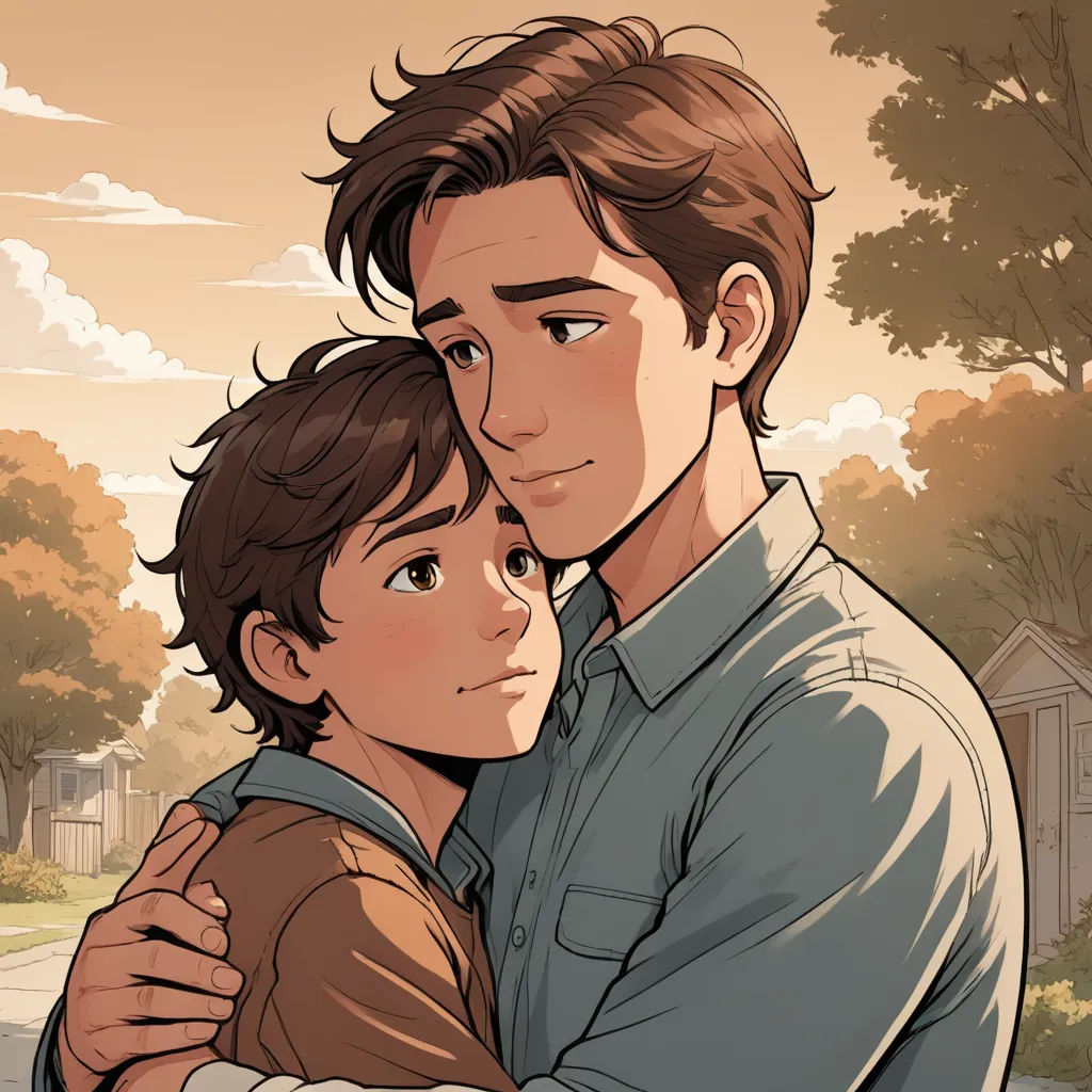 a man and a woman hugging each other in a cartoon style, with a tree in the background and a house in the background, sots art, a comic book panel, Everett Warner, official art