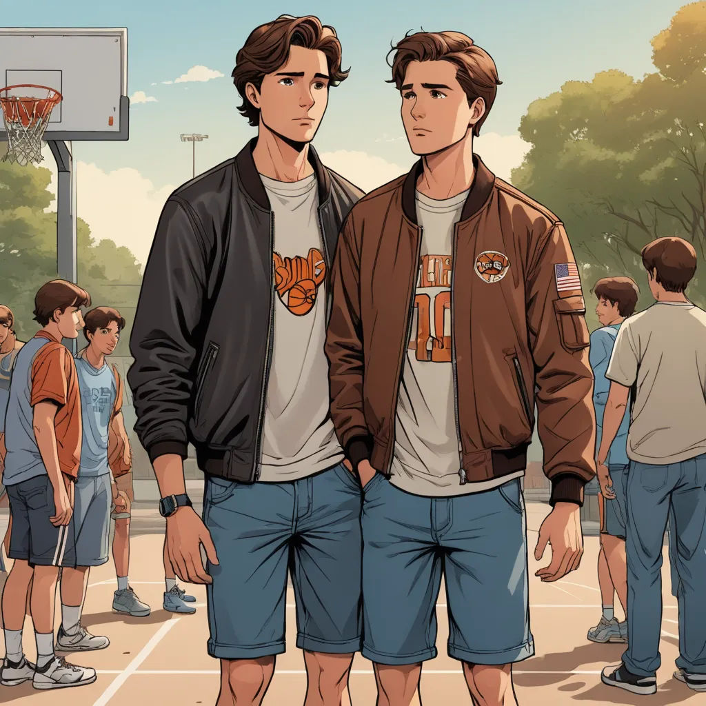 two men standing next to each other on a basketball court with a crowd of people watching them from the sidelines, serial art, a comic book panel, Brothers Hildebrandt, graphic novel