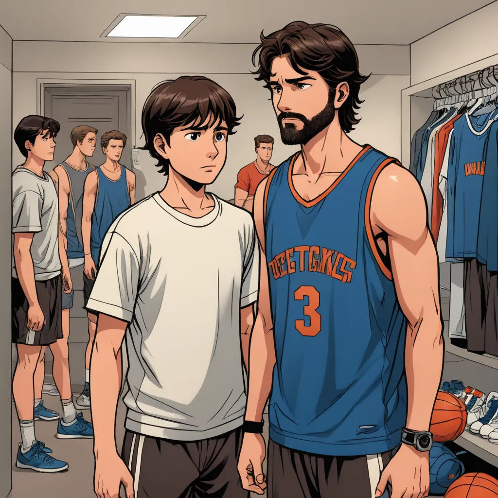 a man standing next to a young man in a basketball uniform in a locker room with other men in the background, serial art, a comic book panel, Asaf Hanuka, graphic novel