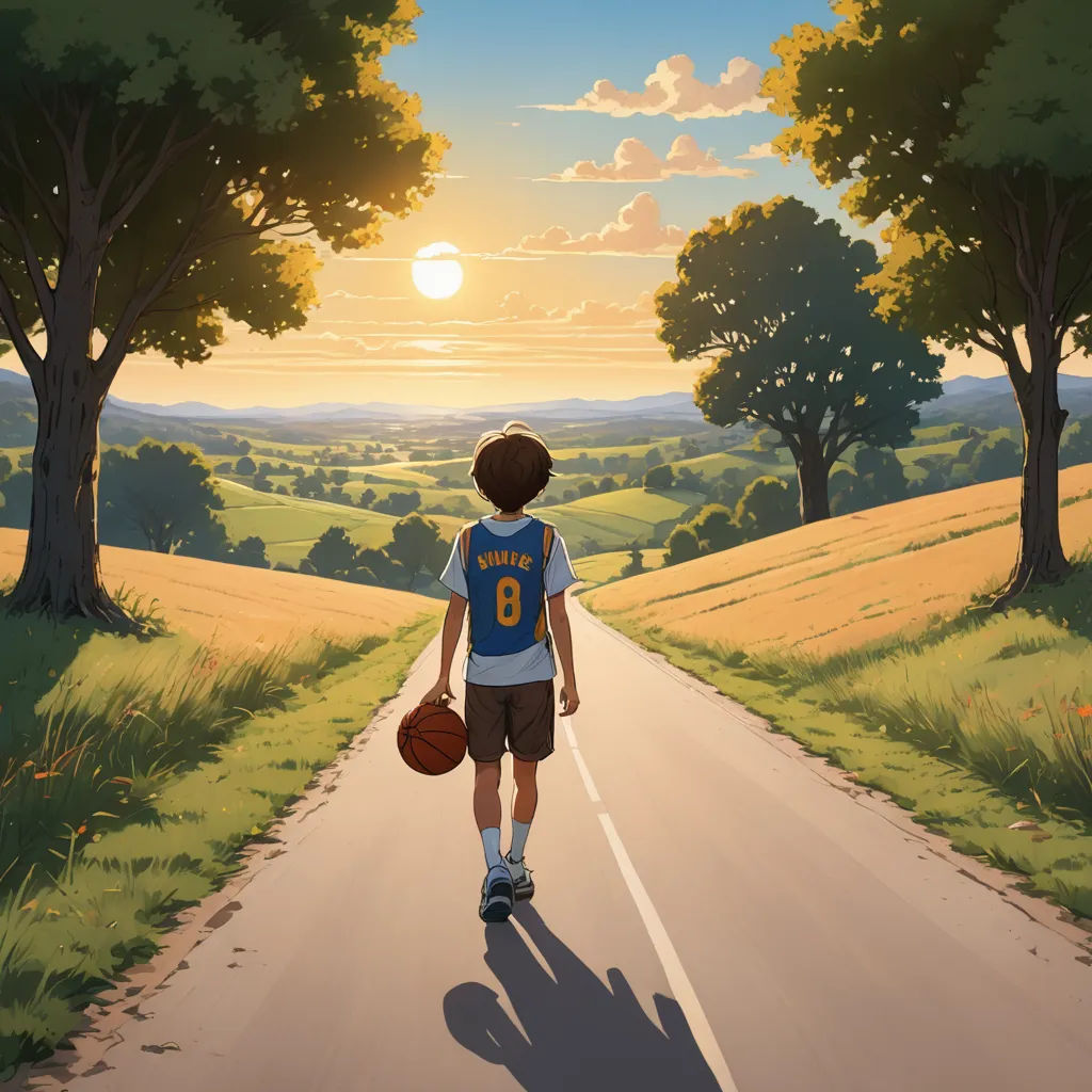 a boy walking down a road with a basketball in his hand and a basket in his hand, with the sun setting behind him, american scene painting, a storybook illustration, Chris LaBrooy, cgstudio