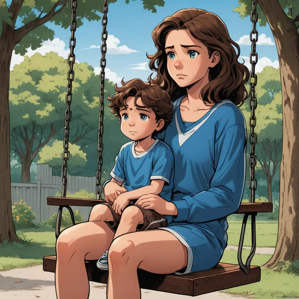 a woman and a child sitting on a swing in a park, with trees in the background and a fenced in area, sots art, a storybook illustration, Everett Warner, comic cover art