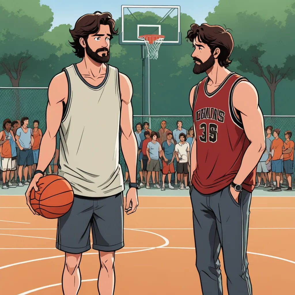 two men standing on a basketball court with a crowd watching them from the sidelines of the court, one holding a basketball, serial art, a comic book panel, Asaf Hanuka, graphic novel