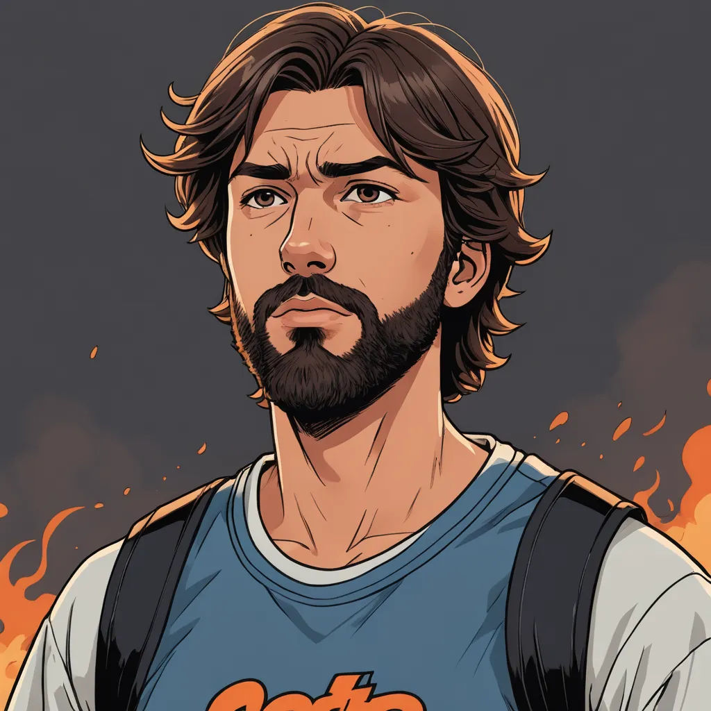a man with a beard and a beard in a blue shirt with a black vest on and a red and orange background, serial art, a character portrait, Cedric Seaut (Keos Masons), character portrait