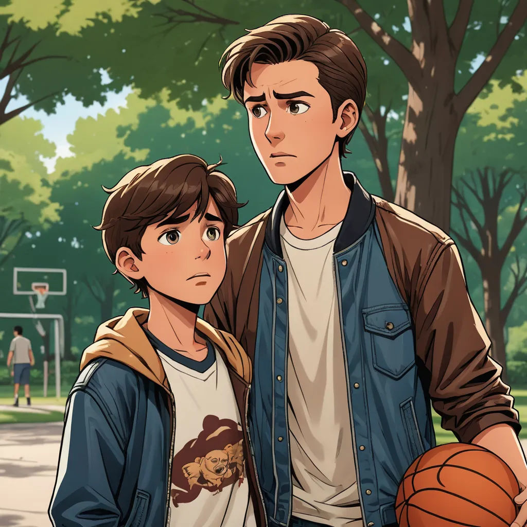 a man and a boy holding a basketball in a park with trees in the background and a basketball in the foreground, sots art, a comic book panel, Brothers Hildebrandt, graphic novel