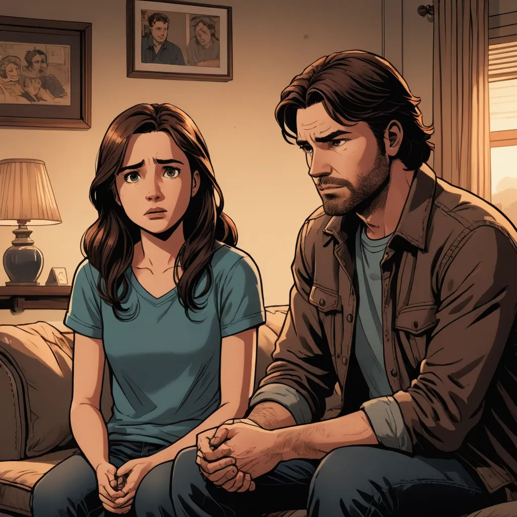 a man and a woman sitting on a couch in a living room with a lamp on the wall behind them, american scene painting, a comic book panel, Clark Voorhees, graphic novel