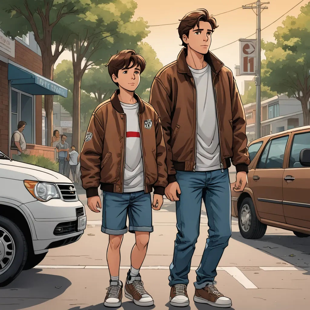 two men walking down a street next to a car and a building with a clock on it's side, american scene painting, a comic book panel, Brothers Hildebrandt, official art