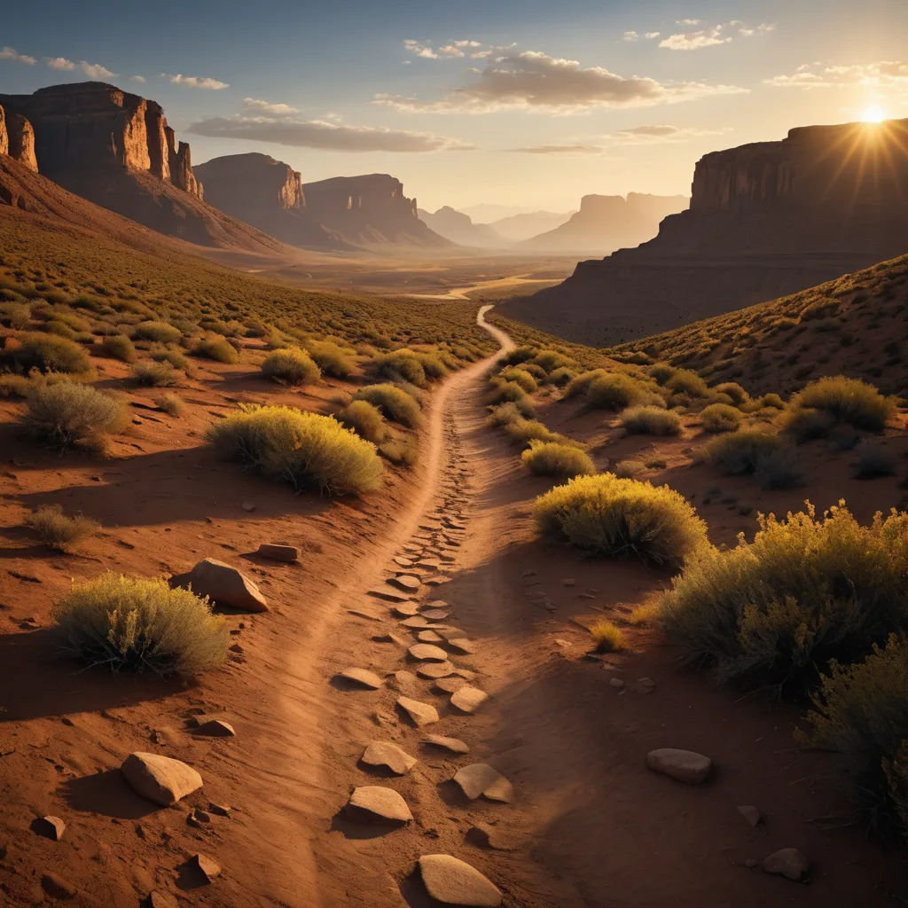 a dirt road in the middle of a desert with mountains in the background and a sun setting in the sky, naturalism, a detailed matte painting, Derold Page, beautiful landscape