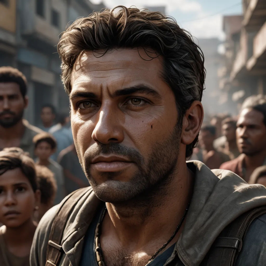 a man with a beard and a leather jacket in a crowd of people in a city street, looking at the camera, photorealism, a character portrait, Eddie Mendoza, unreal engine highly rendered