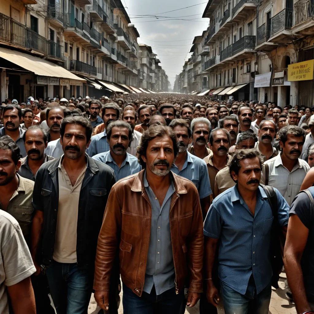 a large group of men walking down a street next to tall buildings and buildings with balconies on them, samikshavad, a detailed matte painting, Altoon Sultan, vfx