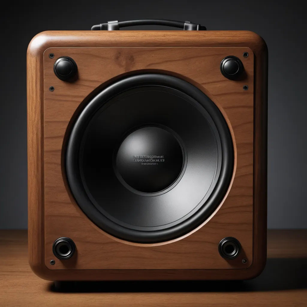 a wooden box with a black speaker on top of it's side and a black speaker on the other side, photorealism, a computer rendering, Dahlov Ipcar, product photo