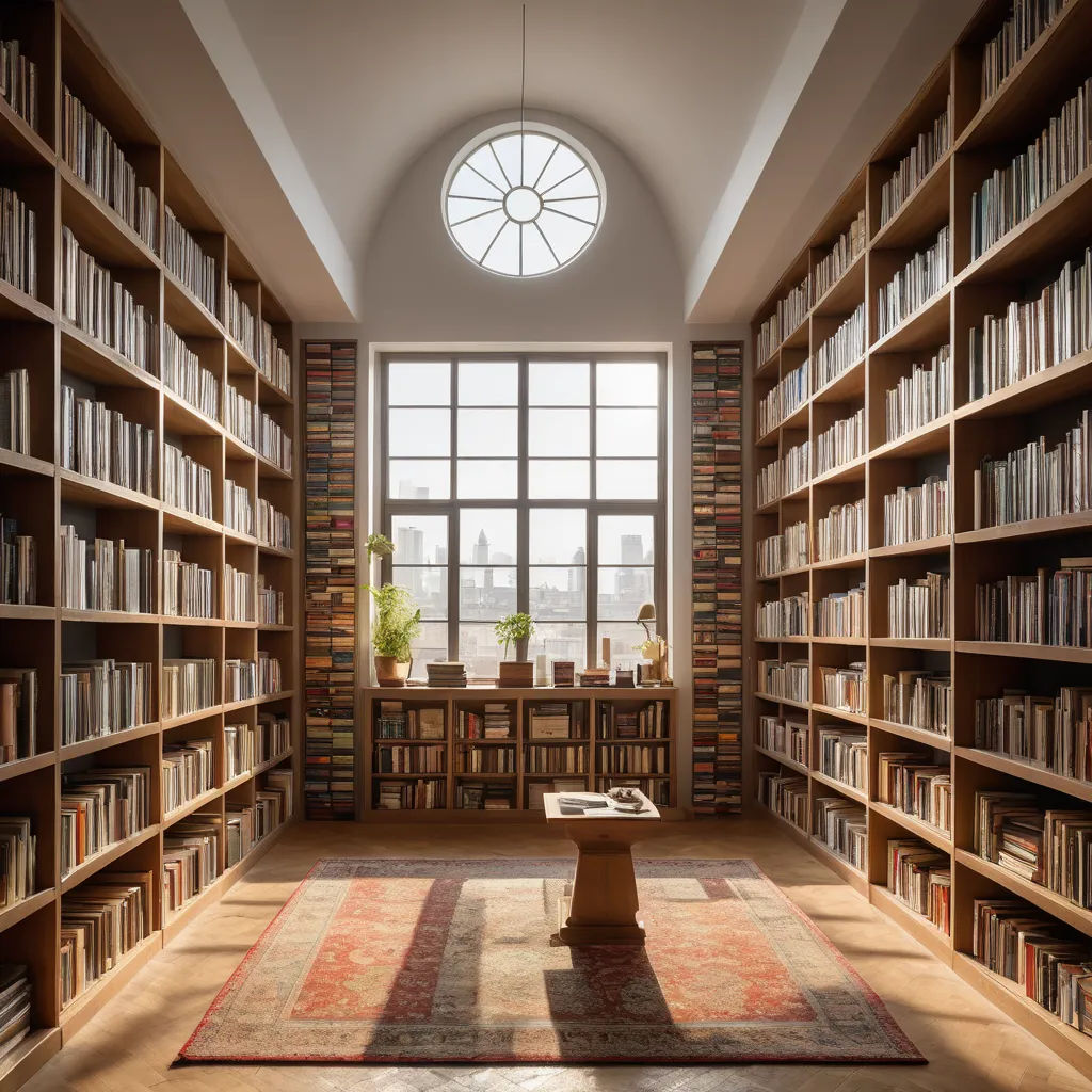 a room with a large amount of books on shelves and a large window with a clock on it's side, arts and crafts movement, a 3D render, Evgeny Lushpin, unreal 5 render