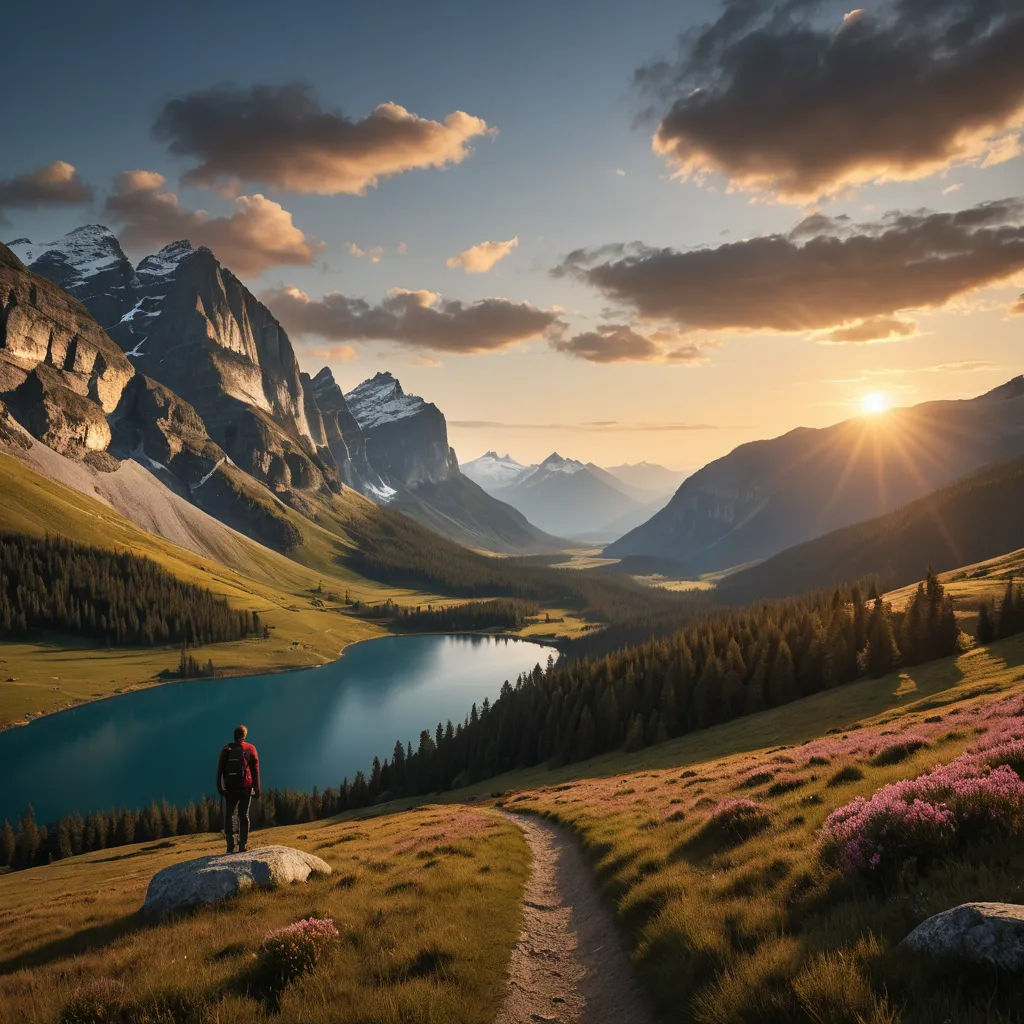 a man standing on a hill overlooking a lake and mountains at sunset with the sun shining on the mountains, art photography, a matte painting, Chris LaBrooy, award - winning photo