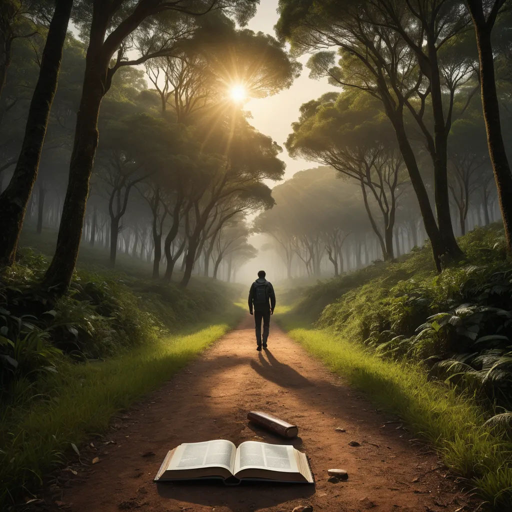a man walking down a dirt road with an open book on the ground in front of him and the sun shining through the trees, magical realism, a storybook illustration, Dirk Crabeth, surreal photography
