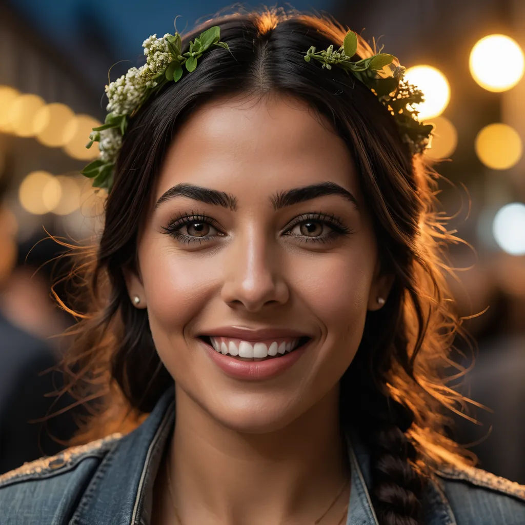 a woman with a flower crown on her head smiling at the camera with a blurry background of lights, art photography, a stock photo, Caro Niederer, portrait photography