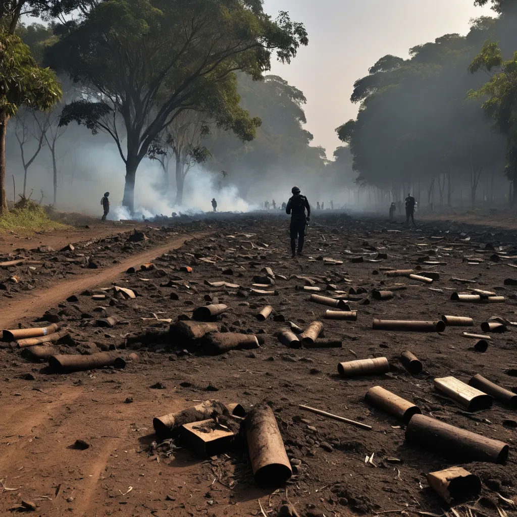 a man walking down a dirt road surrounded by trees and logs on the ground with smoke coming from the trees, environmental art, a photo, Bernard Accama, post apocalyptic