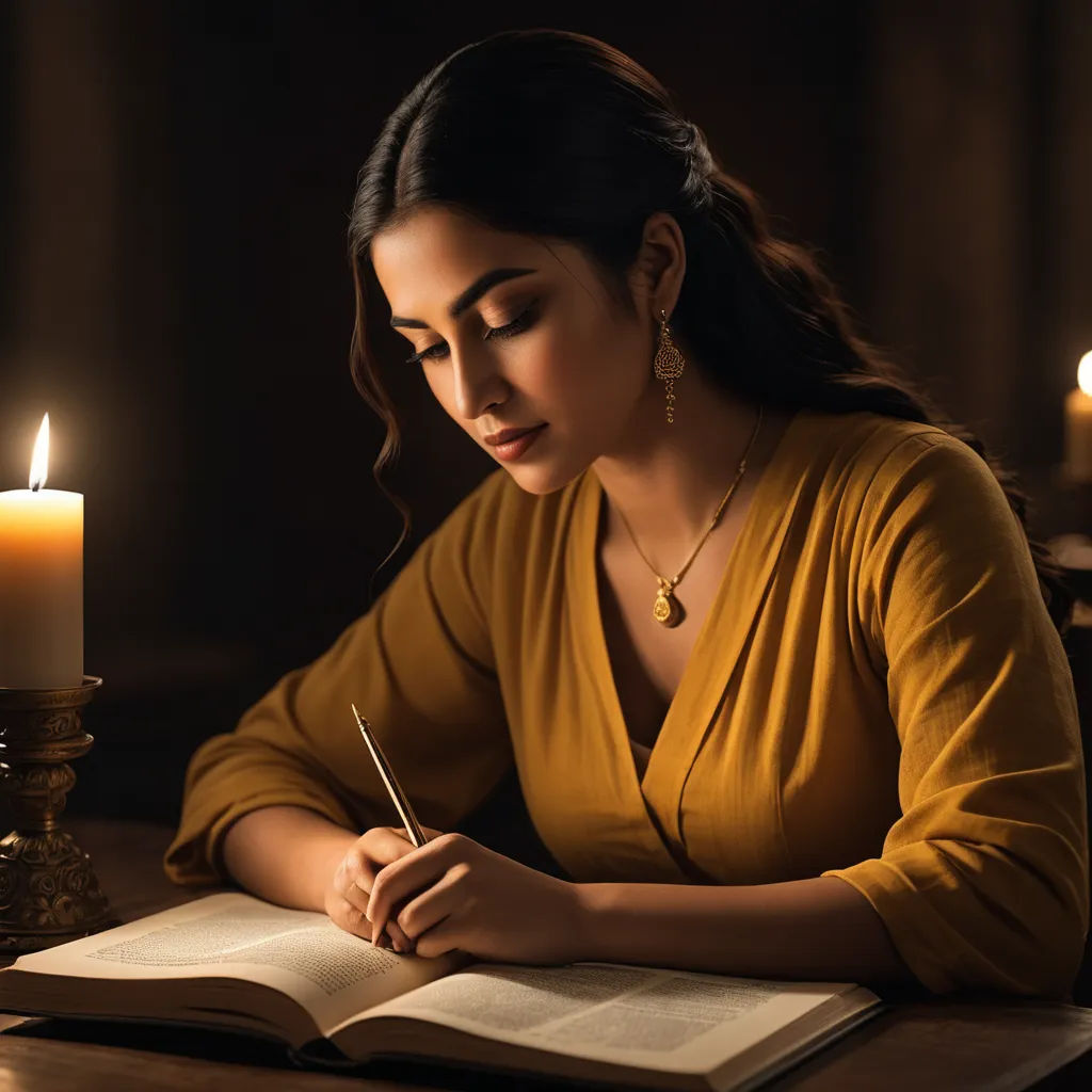 a woman sitting at a table writing in a book with a candle in the background and a lit candle on the table, private press, a character portrait, artist, beautifully lit