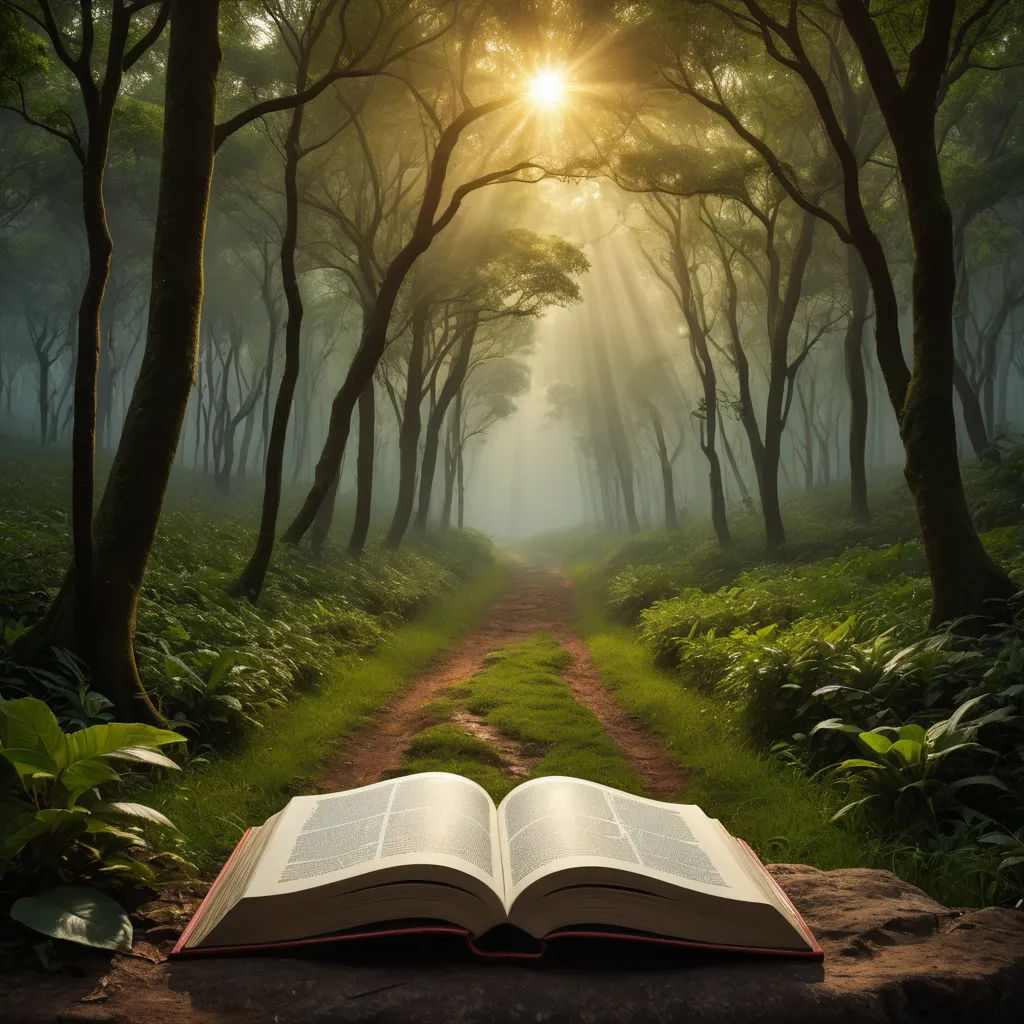 an open book sitting on top of a dirt road in a forest filled with trees and grass, with the sun shining through the trees, magical realism, a storybook illustration, David Martin, storybook illustration