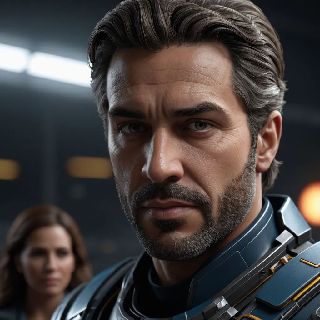 a man in a suit and a woman in a background in a video game character creation scene with a sci - fi character, photorealism, computer graphics, Eve Ryder, unreal engine 5 highly rendered