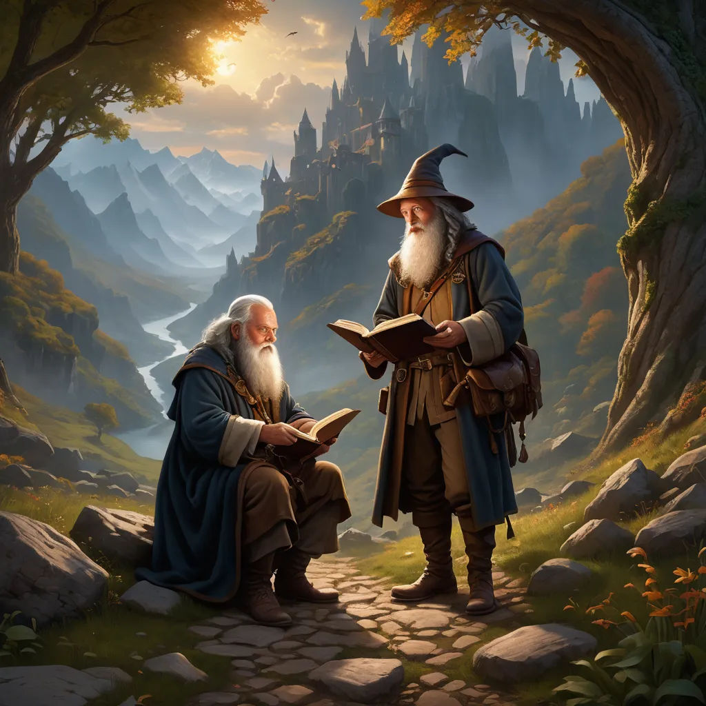 a painting of two men sitting on a rock path reading a book together, with a mountain in the background, fantasy art, a storybook illustration, Brothers Hildebrandt, fantasy artwork