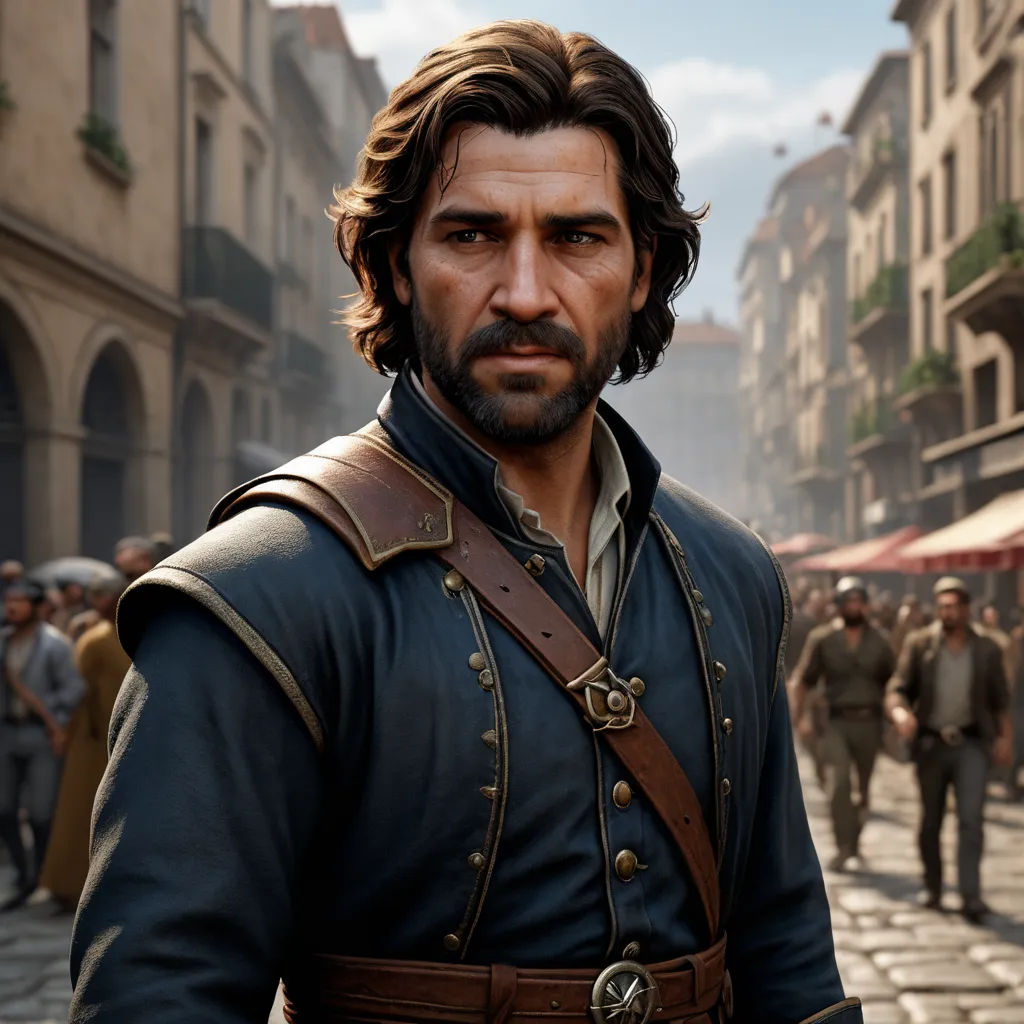 a man in a leather outfit standing in a street with a crowd of people behind him and a building in the background, photorealism, computer graphics, Eddie Mendoza, unreal engine highly rendered
