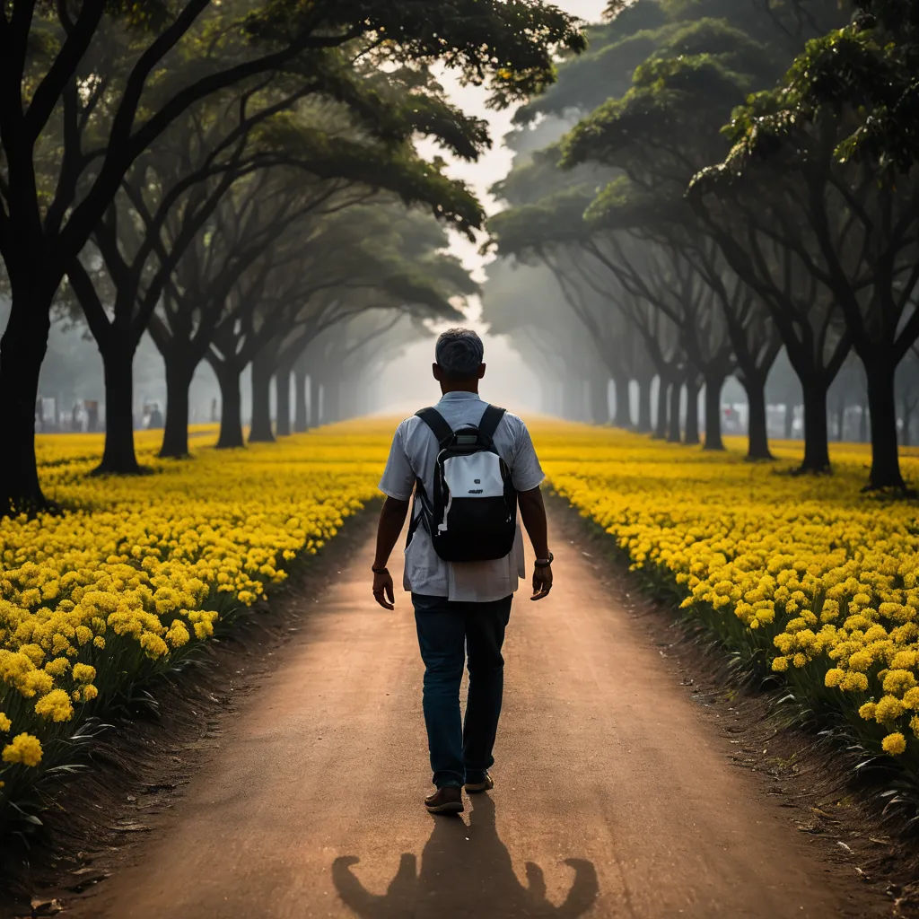 a man walking down a dirt road with a backpack on his back and a field of yellow flowers behind him, environmental art, a stock photo, Arie Smit, cinematic photography