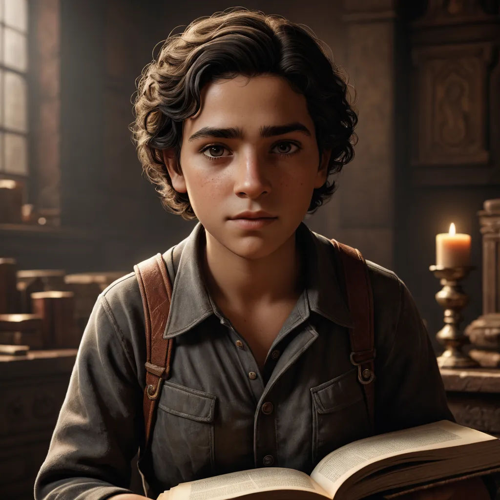 a boy is holding a book in a room with candles and a candlelight in it, and a candle is lit, photorealism, a character portrait, Eddie Mendoza, cgstudio