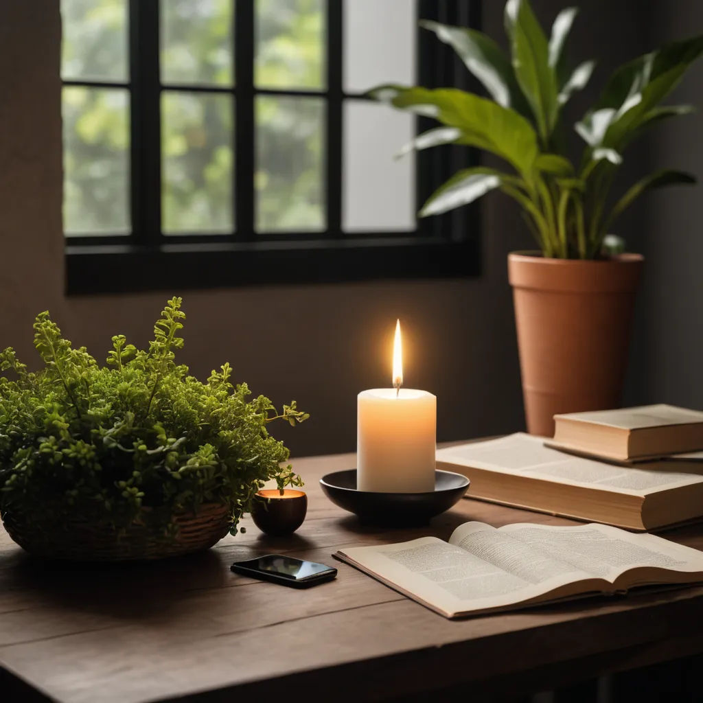 a candle is lit on a table with books and a plant in a pot on it next to a cell phone, arts and crafts movement, a still life, Évariste Vital Luminais, candles