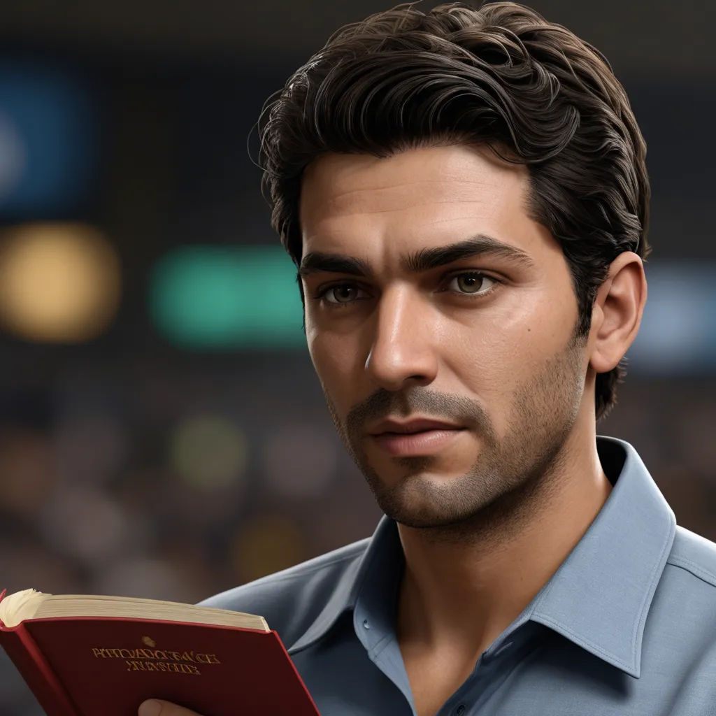 a man is holding a book and looking at the camera with a serious look on his face and shoulders, photorealism, a computer rendering, David Park, ultra realistic faces