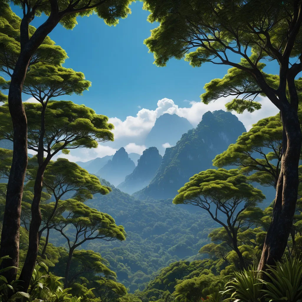 a painting of a mountain range with trees and mountains in the background with clouds in the sky above it, naturalism, a matte painting, Eyvind Earle, matte painting