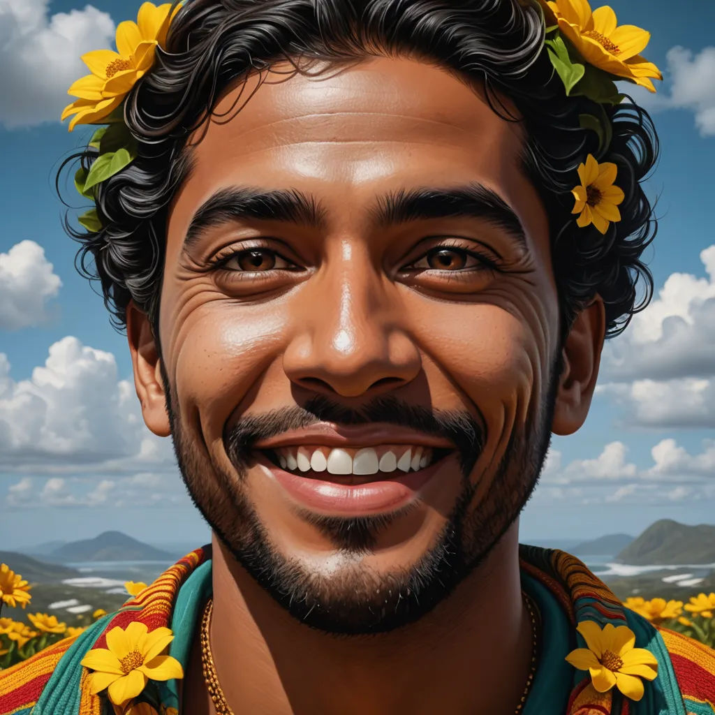 a digital painting of a man with a flower crown on his head and a sky background with clouds and sunflowers, photorealism, a hyperrealistic painting, Chris LaBrooy, highly detailed digital painting