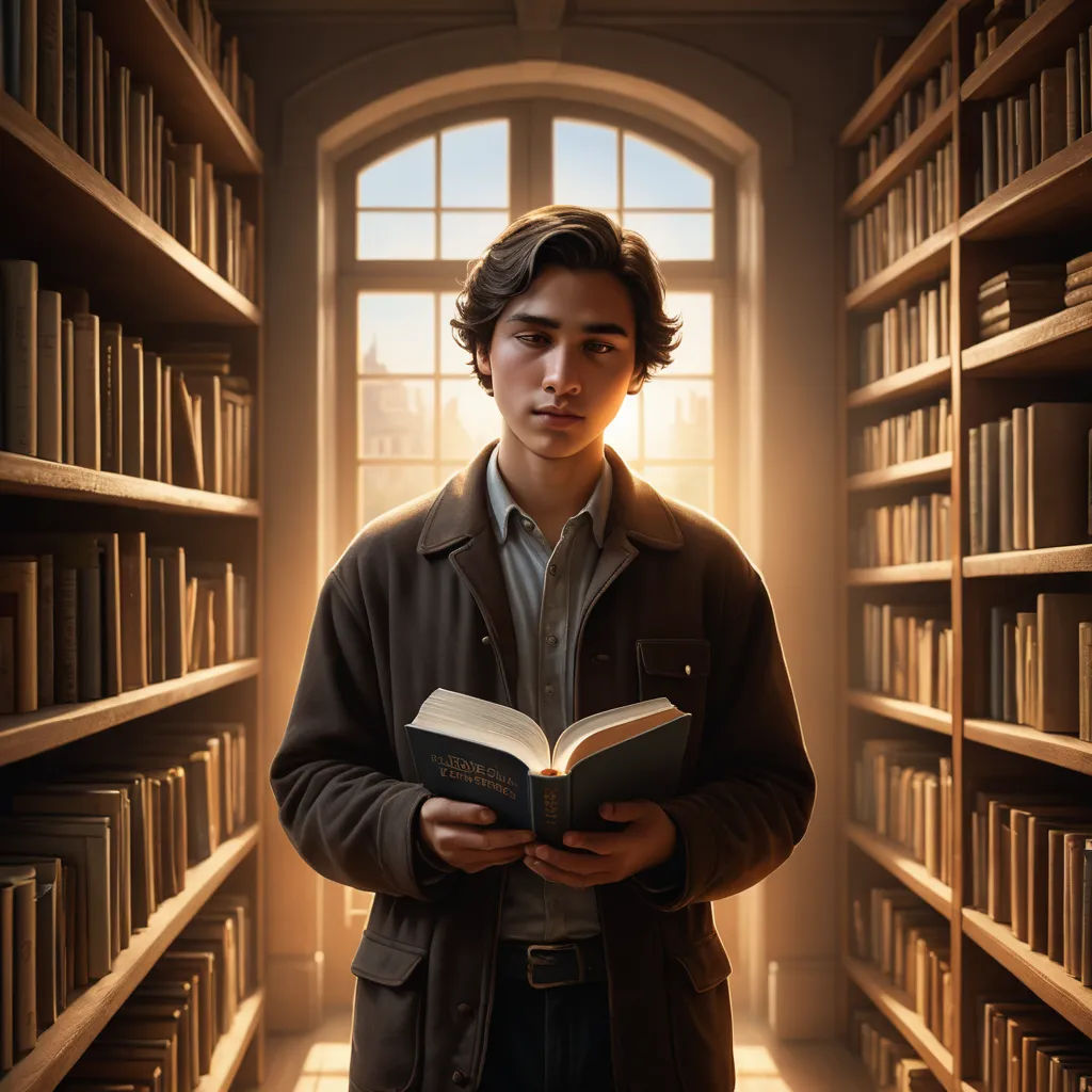 a man standing in a library holding a book in his hands and looking at the camera with a book in his hands, private press, a poster, Colin Middleton, promotional image