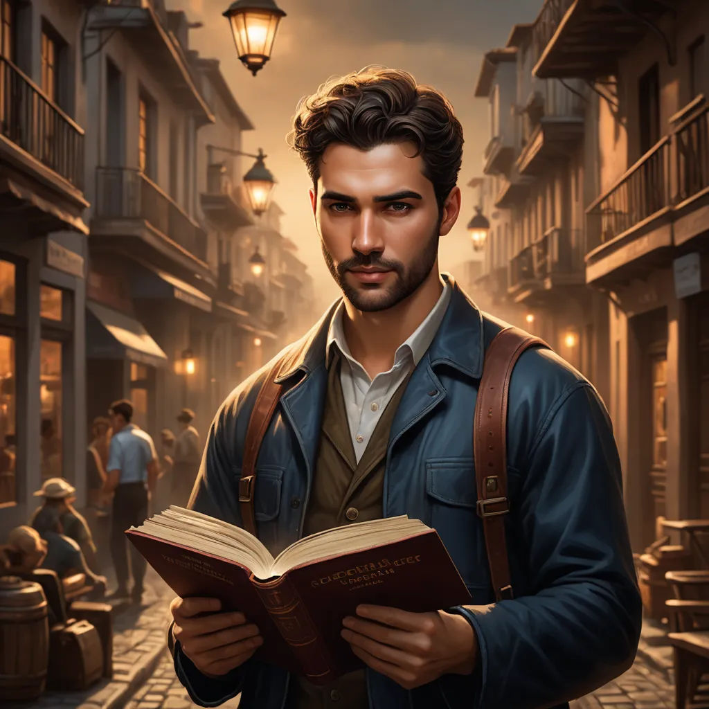 a man holding a book in his hands while standing in front of a street at night with people walking by, fantasy art, a character portrait, Alejandro Burdisio, fantasy character portrait