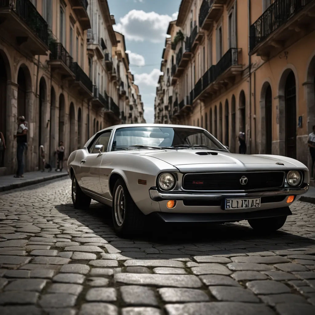 a white car parked on a cobblestone street in a city with buildings and people walking around it, neoclassicism, a tilt shift photo, Bernardo Cavallino, cinematic photography