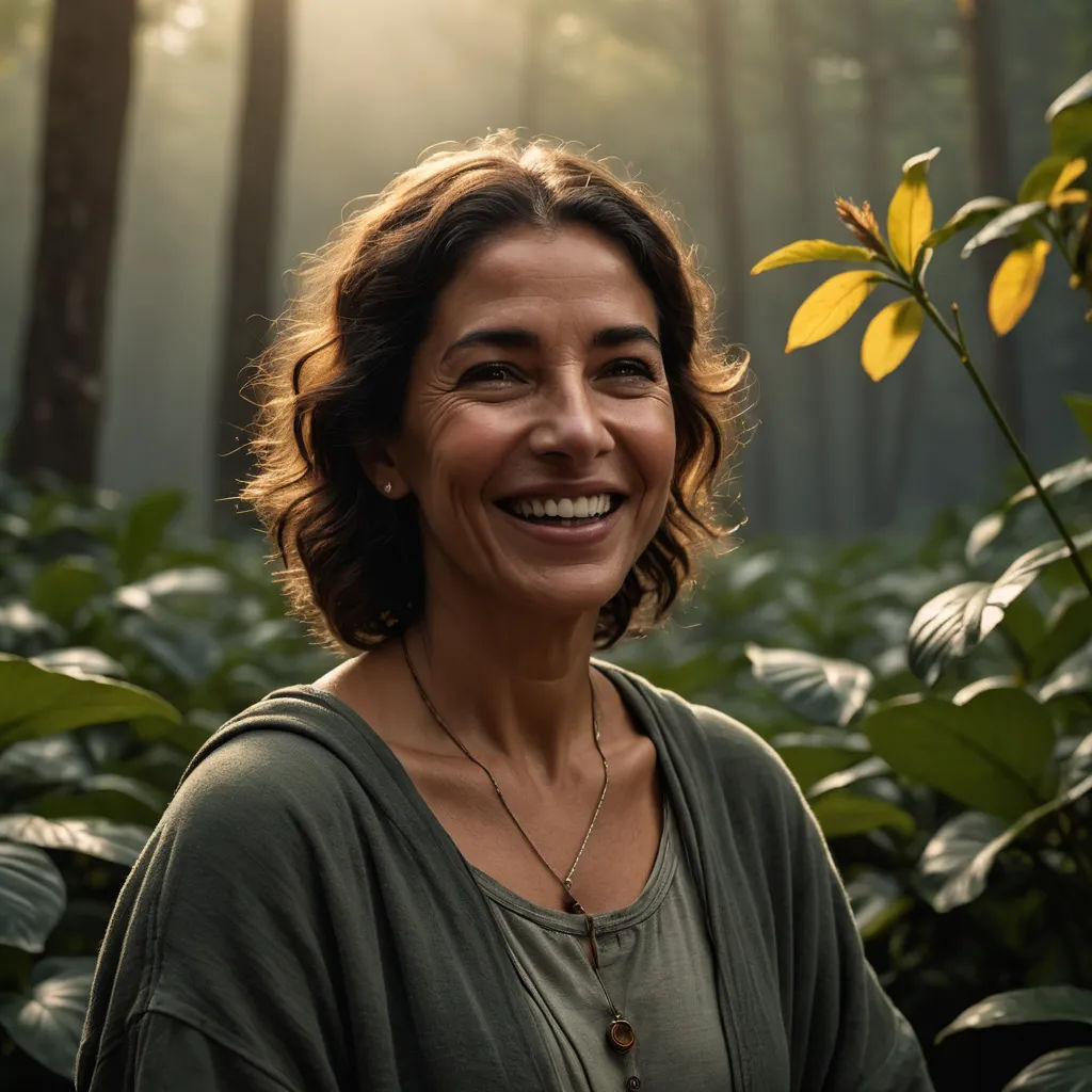 a woman smiling in a forest with sun shining through the trees and plants behind her, with a sunbeam in the background, ecological art, a character portrait, Elke Vogelsang, portrait photography