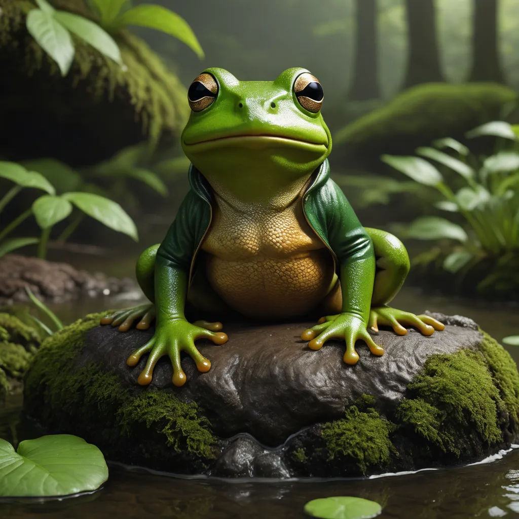 a frog sitting on a rock in a pond of water with green plants around it and a fern in the background, photorealism, a 3D render, Chris LaBrooy, behance hd