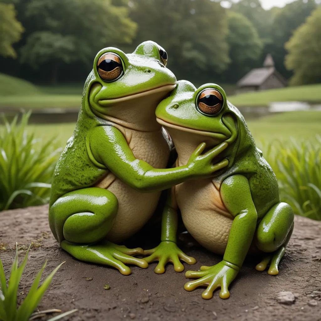 two green frogs sitting on a rock in a field of grass and trees, one of which is hugging the other, german romanticism, a photorealistic painting, Andries Stock, animal photography