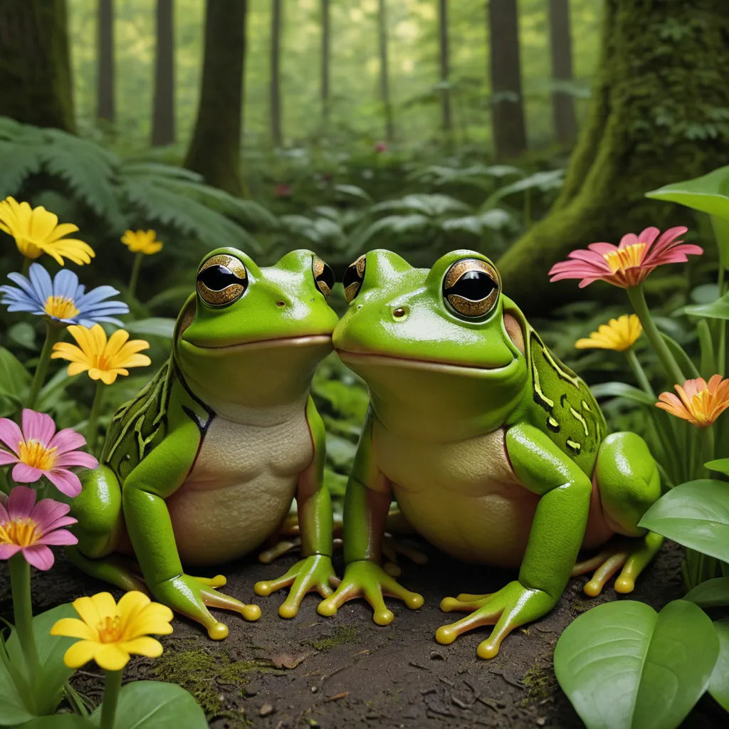 two frogs sitting on a rock in a forest with flowers and plants around them, with a forest background, ecological art, a photorealistic painting, Andries Both, highly detailed digital painting