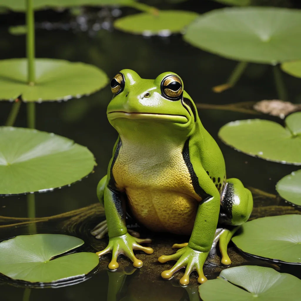 a frog sitting on a lily pad in a pond of water lilies and lily pads, with its eyes open, ecological art, a 3D render, Andries Stock, award-winning photograph
