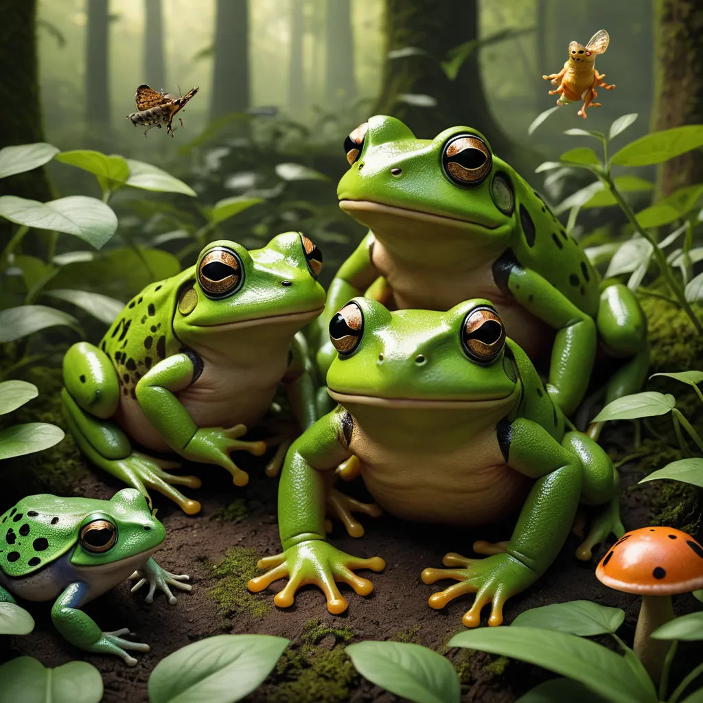 a group of frogs sitting on top of a rock in the woods with a butterfly flying above them and a frog sitting on top of the rock, fantasy art, an airbrush painting, Chris LaBrooy, highly detailed digital painting