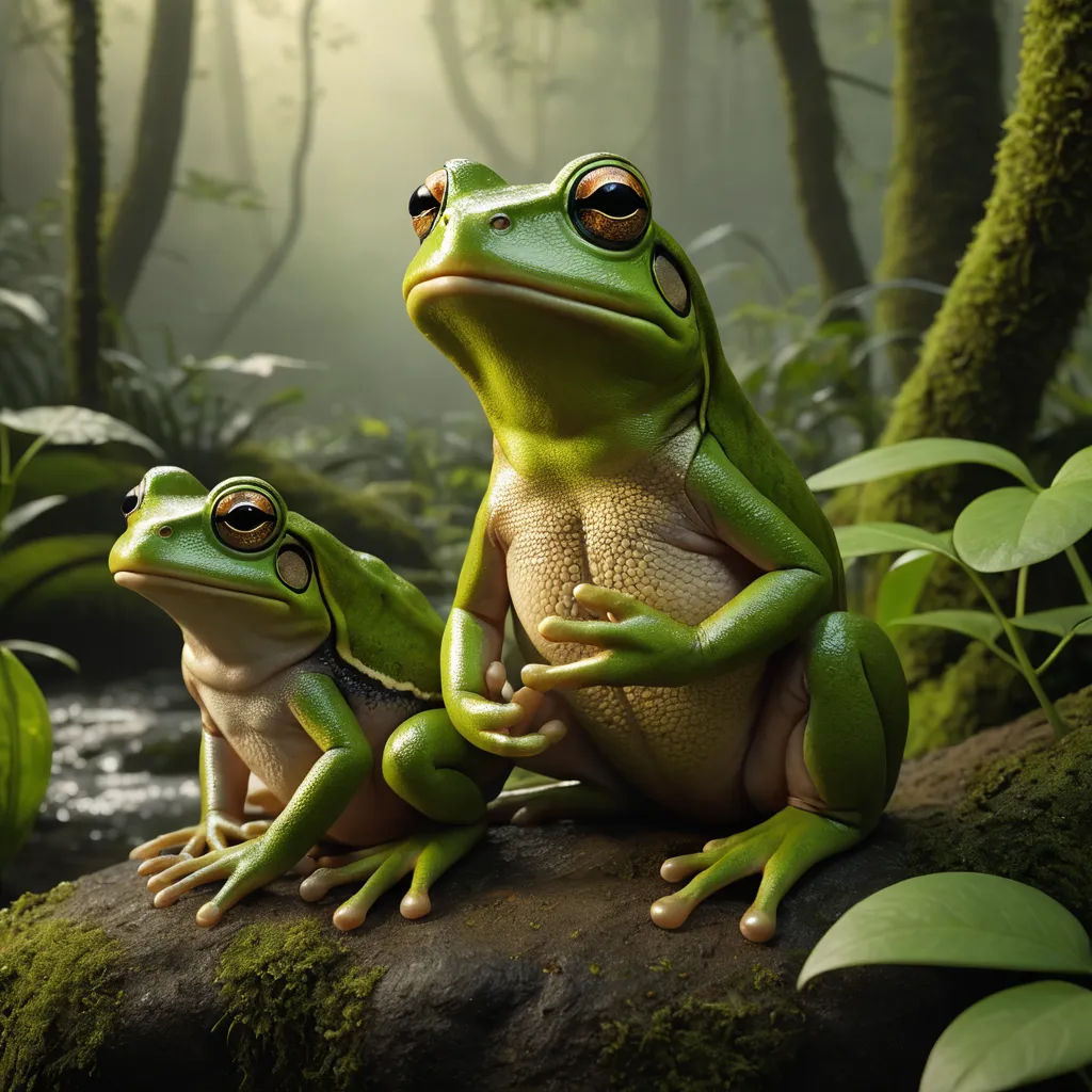two frogs sitting on a log in a forest with a stream in the background and fog in the air, photorealism, a 3D render, Andries Both, photoreal