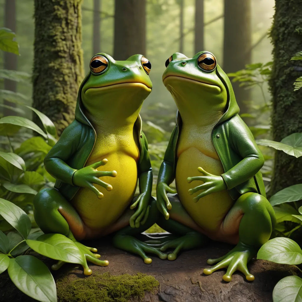 two green frogs sitting on a log in a forest with green leaves and moss on the ground, facing each other, figurative art, a 3D render, Andries Both, weta digital