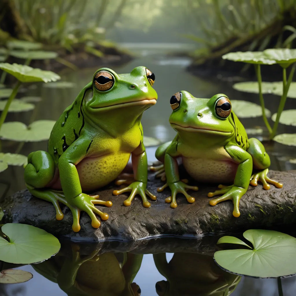 two frogs sitting on a log in a pond with lily pads on the water and a pond behind them, photorealism, a photorealistic painting, Andries Both, highly detailed digital painting