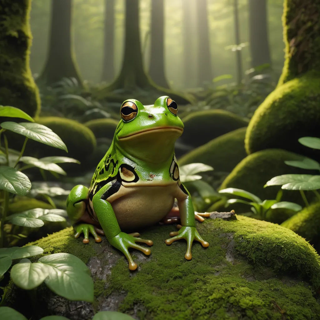 a frog sitting on a rock in a forest with green moss and trees in the background, with sunlight streaming through the trees, photorealism, a 3D render, Chris LaBrooy, highly detailed digital painting