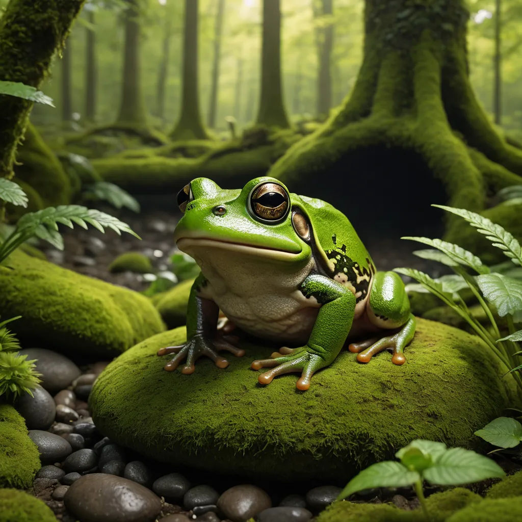 a frog sitting on a rock in a forest with moss and rocks around it, with a green background, photorealism, a 3D render, Chris LaBrooy, photoreal