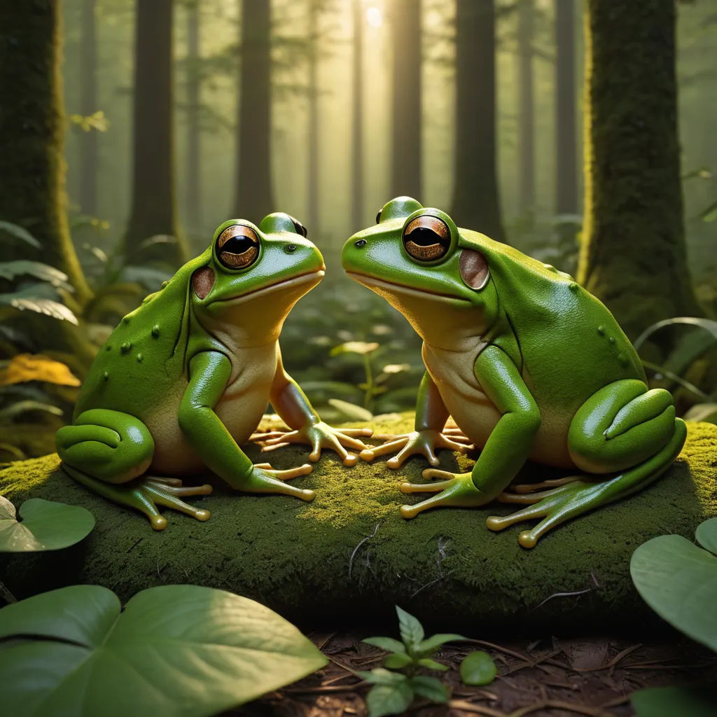 two frogs sitting on a mossy surface in a forest with sunlight shining through the trees behind them and a green background, magic realism, a photorealistic painting, David Martin, highly detailed digital painting