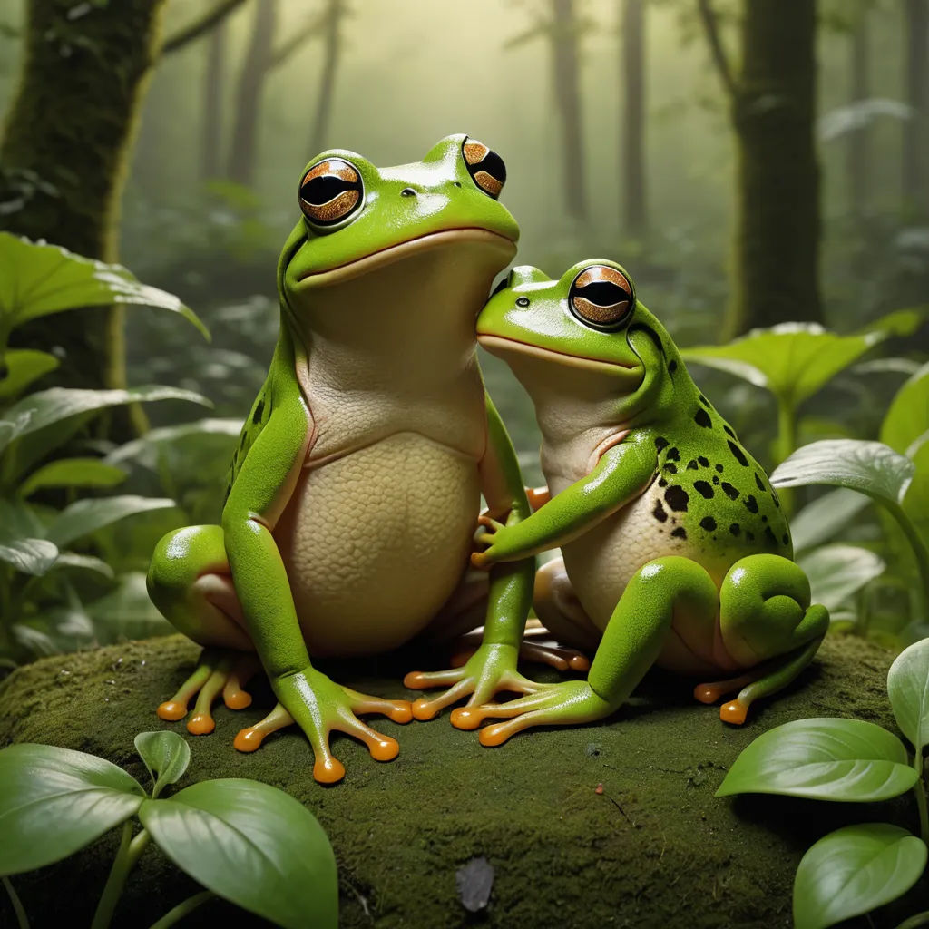 two frogs sitting on a rock in a forest with green leaves and plants around them, with a bright light shining on the background, art photography, a photorealistic painting, Andries Both, behance hd